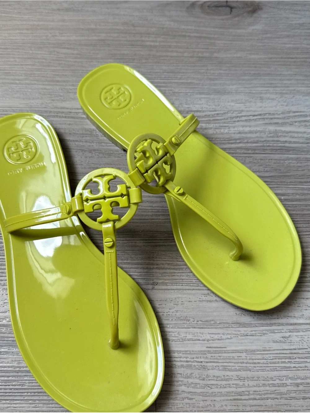 Tory Burch Lime Yellow Logo Jelly Thong Sandals